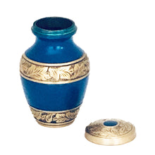 Load image into Gallery viewer, Blue and Brass Engraved Cremation Keepsake Urn