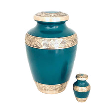 Load image into Gallery viewer, Green and Brass Engraved Cremation Keepsake Urn (set of 4)