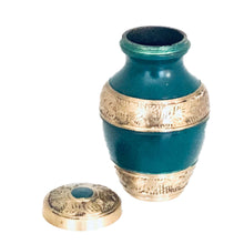 Load image into Gallery viewer, Green and Brass Engraved Cremation Keepsake Urn (set of 4)