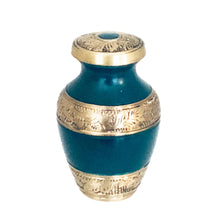 Load image into Gallery viewer, Green and Brass Engraved Cremation Keepsake Urn