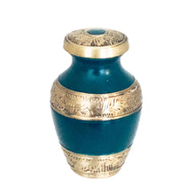 Load image into Gallery viewer, Green and Brass Engraved Cremation Keepsake Urn (set of 4)