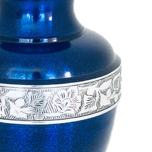 Blue Engraved Band Cremation Urn