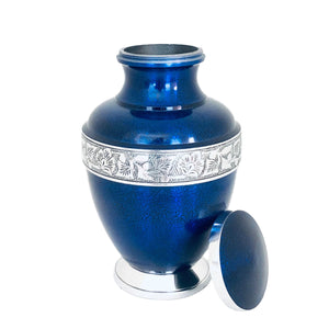 Blue Engraved Band Cremation Urn