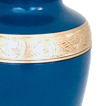 Load image into Gallery viewer, Blue and Brass Engraved Cremation Urn