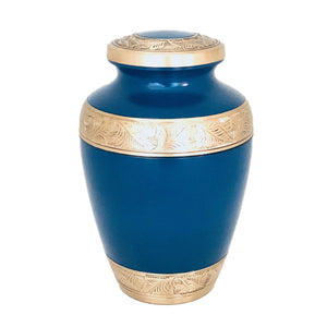 Blue and Brass Engraved Cremation Urn