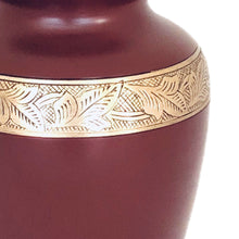 Load image into Gallery viewer, Maroon and Brass Engraved Cremation Urn