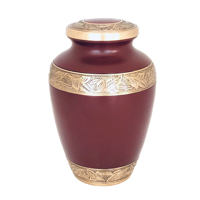 Maroon and Brass Engraved Cremation Urn