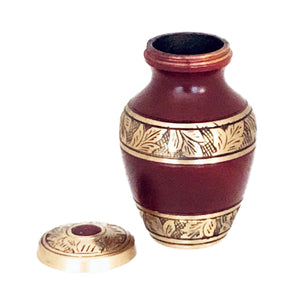 Maroon and Brass Engraved Cremation Keepsake Urn