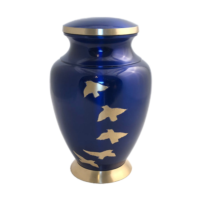 Blue Glossy Birds Flying Cremation Urn