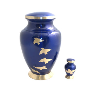 Blue Glossy Birds Flying Cremation Keepsake Urn (set of 4)