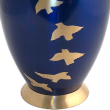 Load image into Gallery viewer, Blue Glossy Birds Flying Cremation Urn