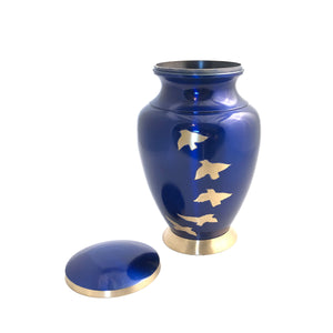 Blue Glossy Birds Flying Cremation Urn